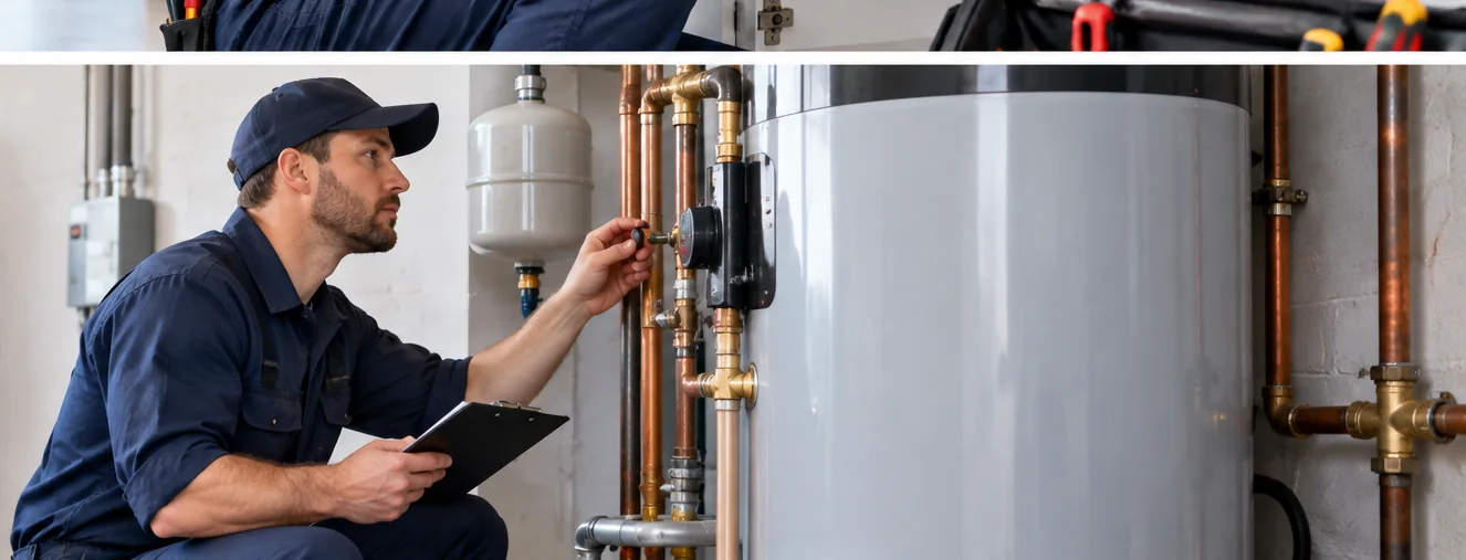 Professional plumber inspecting a water heater system